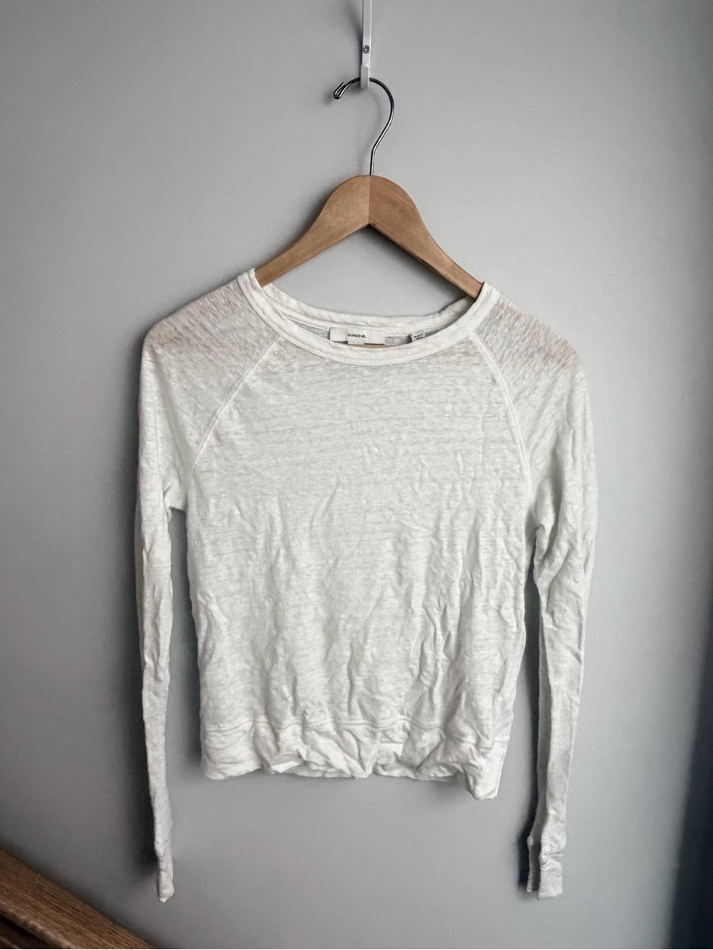 Vince Linen Lightweight White Long-Sleeve Crewneck Top